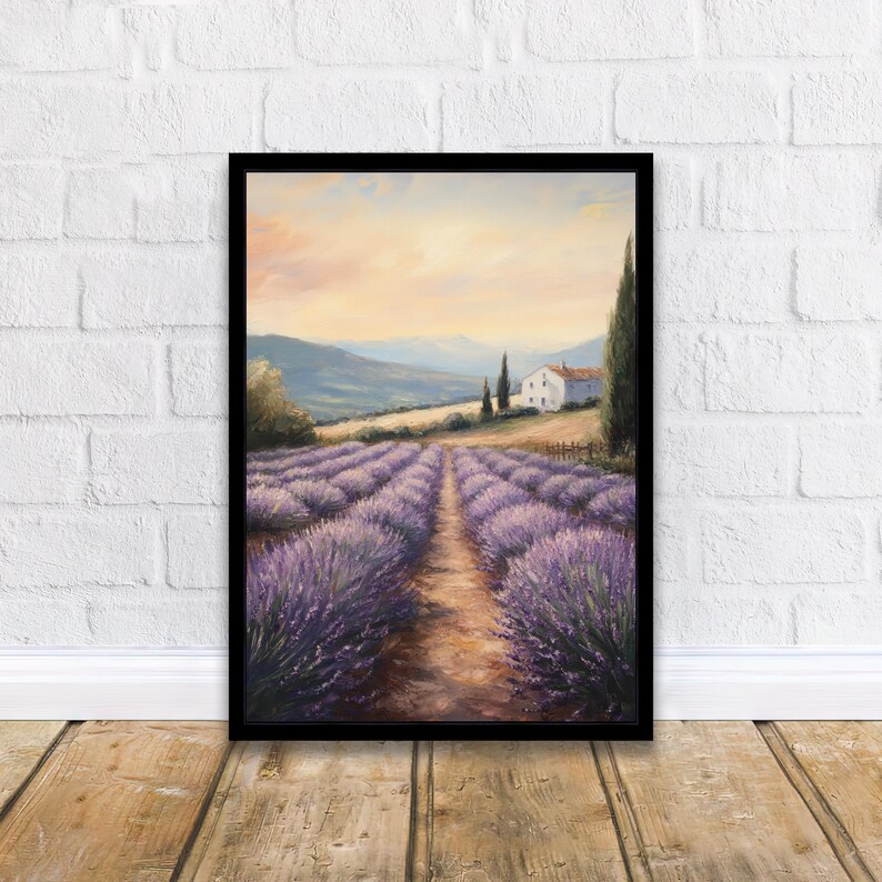 May include: A painting of a lavender field with a small white house in the distance. The field is in full bloom and the lavender is a vibrant purple. The sky is a soft blue with a few clouds. The painting is done in a realistic style.