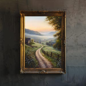 Lámina vintage de Misty Meadow, paisaje sereno, arte de pared, póster clásico de campo para sala de estar, dormitorio o pared de galería, naturaleza atemporal