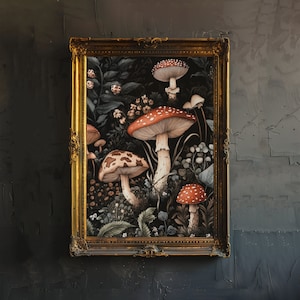 Mushrooms Print Dark Academia Art Cottagecore Decor Antique Botanical Illustration Woodland Fungi Poster Rustic Vintage Wall Art