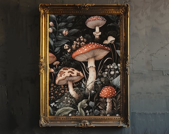 Mushrooms Print Dark Academia Art Cottagecore Decor Antique Botanical Illustration Woodland Fungi Poster Rustic Vintage Wall Art