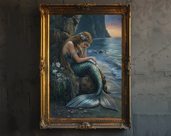 Impresión de sirena, arte de la academia oscura, decoración gótica, ilustración antigua, póster de fantasía encantada, arte de pared rústico vintage
