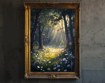 May include: A framed painting of a forest scene with a path leading into the woods. The path is lined with white flowers and the sun is shining through the trees.
