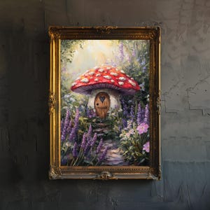 Fairycore Lavender Lance Toadstool House Art Print Cottagecore Decor Whimsical Mushroom Wall Art Vintage Nature Poster for Cozy Homes