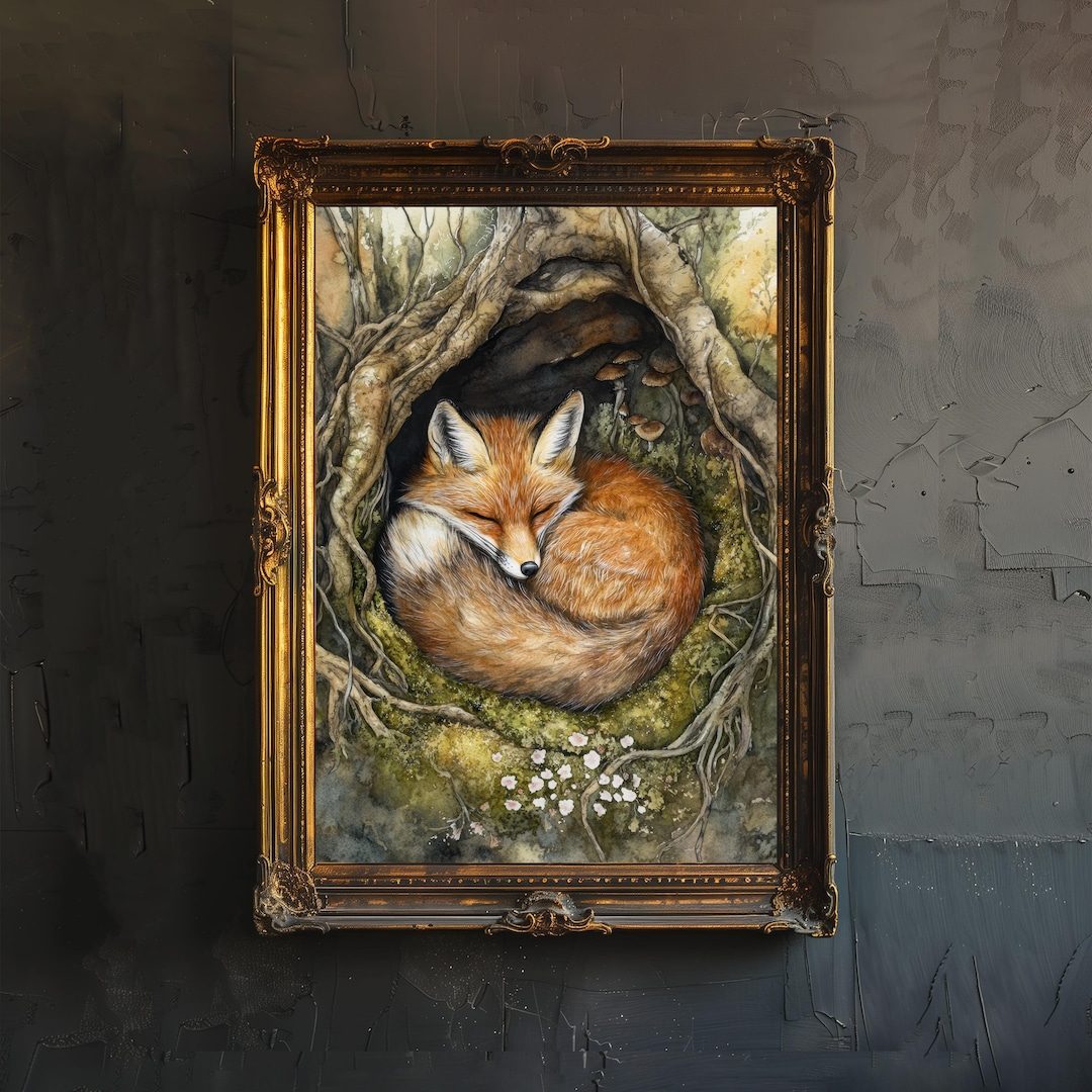 Sleeping Fox in Tree Roots Poster Cottagecore Decor Rustic Wildlife ...