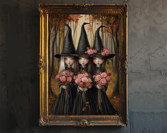 May include: Three witches with black pointed hats and black dresses stand in a forest setting. They are holding bouquets of pink roses. The painting is framed in a gold frame.