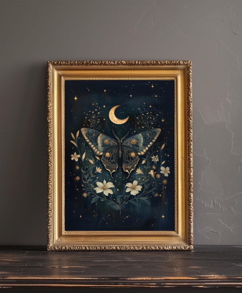 Celestial Moth Cottagecore Dark Academia Art Print Mystical Insect Wall ...