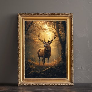 May include: A framed painting of a red deer standing in a forest. The deer has large antlers and is looking directly at the viewer. The forest is filled with trees and leaves, and the light is shining through the trees. The painting is in a gold frame.