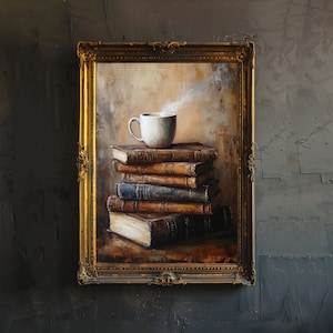 Poster di caffè e libri, Dark Academia Art, decorazione accogliente, illustrazione antica, vintage, lettura, estetica, arte murale rustica per gli amanti dei libri