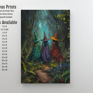 Peut inclure: Trois sorci&egrave;res portant des robes color&eacute;es avec des &eacute;toiles et marchant dans une for&ecirc;t la nuit. Les sorci&egrave;res marchent sur un chemin avec des foug&egrave;res vertes et des fleurs. La lune est visible dans le ciel. Impressions sur toile disponibles en diff&eacute;rentes tailles.