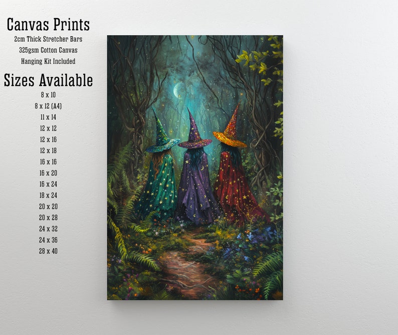 Peut inclure: Trois sorci&egrave;res portant des robes color&eacute;es avec des &eacute;toiles et marchant dans une for&ecirc;t la nuit. Les sorci&egrave;res marchent sur un chemin avec des foug&egrave;res vertes et des fleurs. La lune est visible dans le ciel. Impressions sur toile disponibles en diff&eacute;rentes tailles.