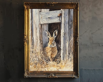 Könnte beinhalten: Gerahmtes Gemälde eines braunen Hasen, der sich in trockenem Gras in einer verwitterten Holzkonstruktion befindet. Das Kunstwerk ist in einem verzierten Goldrahmen eingefasst und erzeugt eine rustikale und elegante Ästhetik.