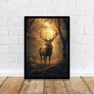 May include: A large, brown deer with antlers stands in a forest setting. The deer is looking to the left of the image. The forest is filled with trees and sunlight.