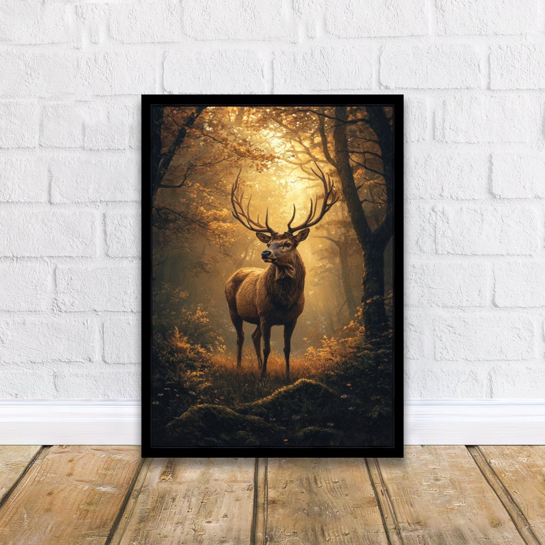 May include: A large, brown deer with antlers stands in a forest setting. The deer is looking to the left of the image. The forest is filled with trees and sunlight.