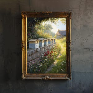 May include: A framed oil painting depicting a rural scene with a stone wall lined with beehives. The wall is covered in wildflowers and a path leads to a small cottage in the distance.