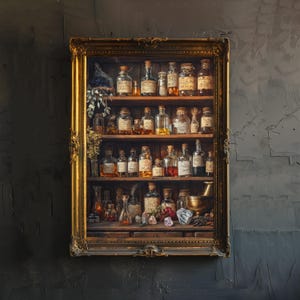 Puede incluir: Una obra de arte enmarcada que presenta una estantería de madera llena de varios frascos y botellas de vidrio de diferentes tamaños, muchos con etiquetas. La estantería está adornada con flores secas, cristales y un mortero y una maja, todo dentro de un marco dorado.
