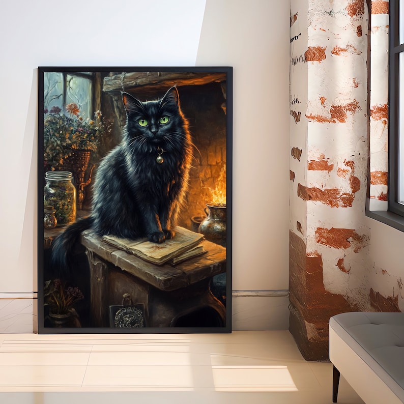 May include: Framed art print featuring a black cat with green eyes, sitting on a wooden surface with an open book. The cat wears a collar with a bell. The background includes a fireplace, jars, and a window, creating a cozy, vintage aesthetic.