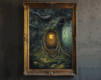 Può includere: Un'opera d'arte incorniciata raffigura una scena fantasy di un albero con una porta. La porta è illuminata e le radici e il tronco dell'albero sono visibili. L'opera è in una cornice dorata e su un muro grigio scuro.