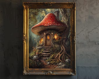 Arte de casa de hongos mágicos, decoración cottagecore, ilustración de fantasía caprichosa, arte de pared de bosque encantado