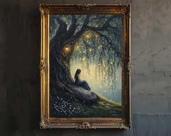 Può includere: Dipinto incorniciato che raffigura una persona seduta sotto un salice piangente. L'opera d'arte presenta una cornice dorata ornata, un tronco d'albero scuro e luci brillanti. La persona indossa un abito lungo.