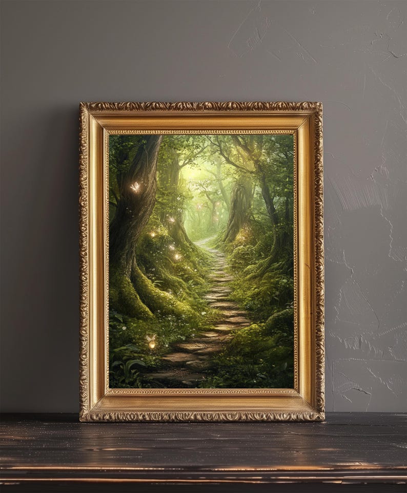 May include: A framed painting of a magical forest path with glowing lights and a stone staircase leading into the woods.