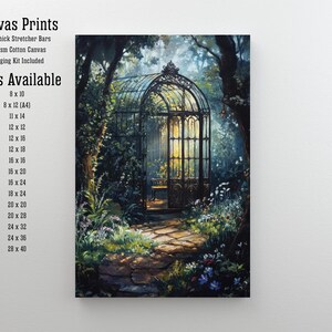 May include: A painting of a wrought iron birdcage in a lush green forest setting. The cage is open and the path leads to a clearing. The painting is available as a canvas print in various sizes, from 8x10 inches to 28x40 inches.