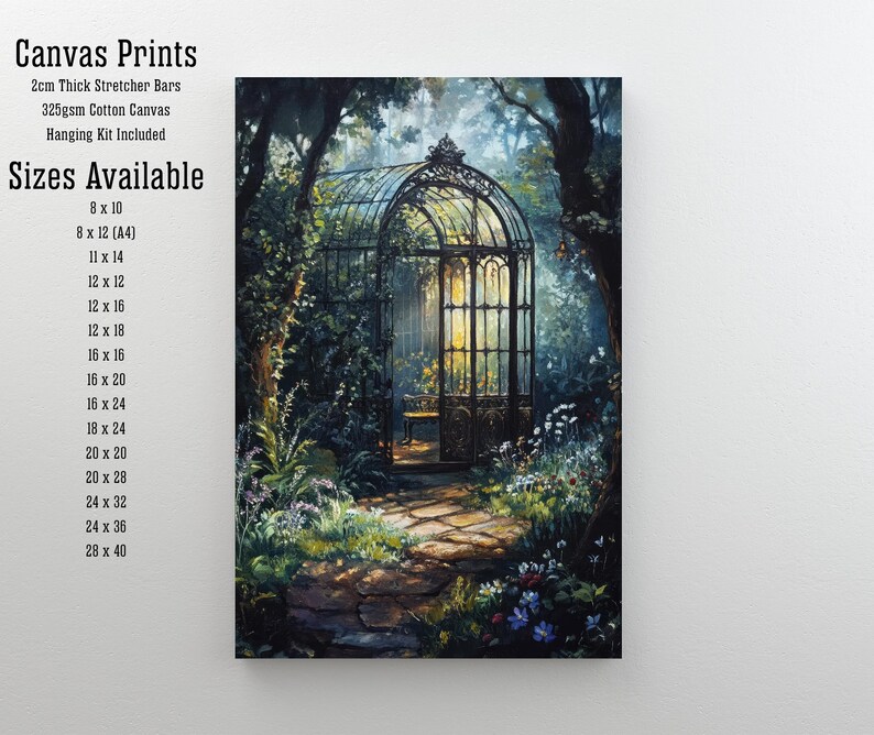 May include: A painting of a wrought iron birdcage in a lush green forest setting. The cage is open and the path leads to a clearing. The painting is available as a canvas print in various sizes, from 8x10 inches to 28x40 inches.