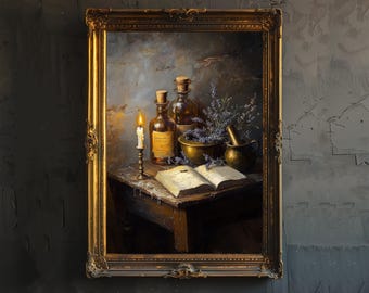 May include: An antique-style framed painting depicts a still life with apothecary items. A lit candle, glass bottles with corks, a mortar and pestle, and an open book are arranged on a wooden table. The painting has a warm, vintage aesthetic.