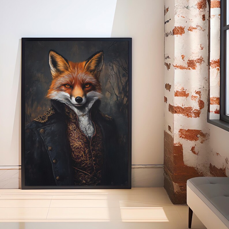 K&ouml;nnte beinhalten: Ein gerahmtes Gem&auml;lde eines Fuchses, der eine schwarze Jacke und eine goldene Weste tr&auml;gt. Der Fuchs hat einen ernsten Ausdruck und schaut direkt auf den Betrachter.
