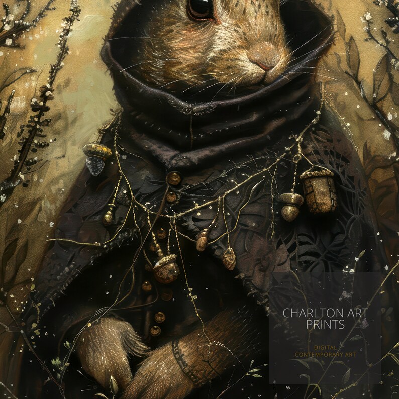 May include: A close-up of a rabbit wearing a dark brown hooded cloak with a gold chain necklace adorned with acorns. The rabbit's fur is brown and white, and its eyes are brown. The background is a blurry image of a forest.
