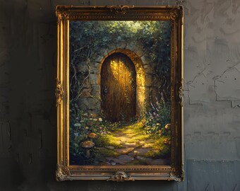 Può includere: Un dipinto in una cornice dorata raffigura un arco in pietra con una porta in legno. La porta è aperta e la luce splende attraverso, illuminando un sentiero che conduce a un lussureggiante giardino verde.