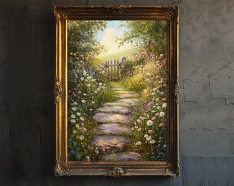 Pode incluir: Uma pintura a óleo emoldurada que retrata um caminho de pedra que leva através de um jardim exuberante com um portão de madeira no final. O caminho é ladeado por flores vibrantes em tons de rosa, branco e amarelo. A pintura é ambientada em um fundo de árvores verdes e céu azul.