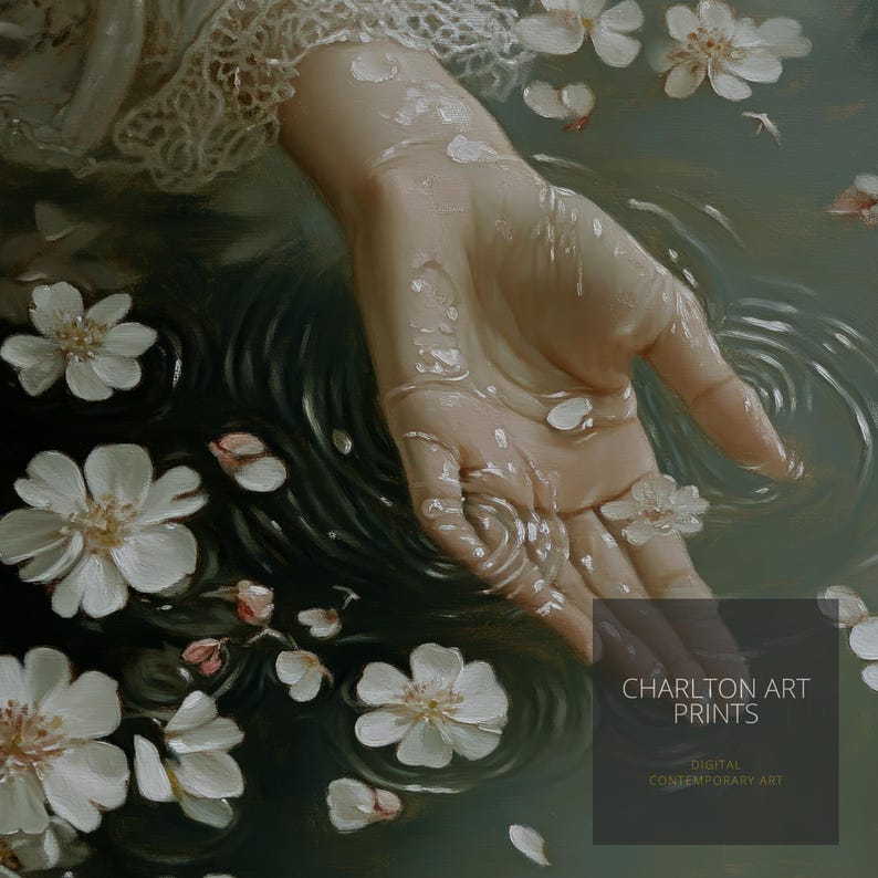 May include: A hand reaches out from the water, surrounded by white blossoms and water droplets. The water is a dark green color, and the hand is pale and delicate. The image is a digital painting, and the style is reminiscent of classical art.
