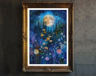 Moon Garden Art Print, Cottagecore Botanical Illustration