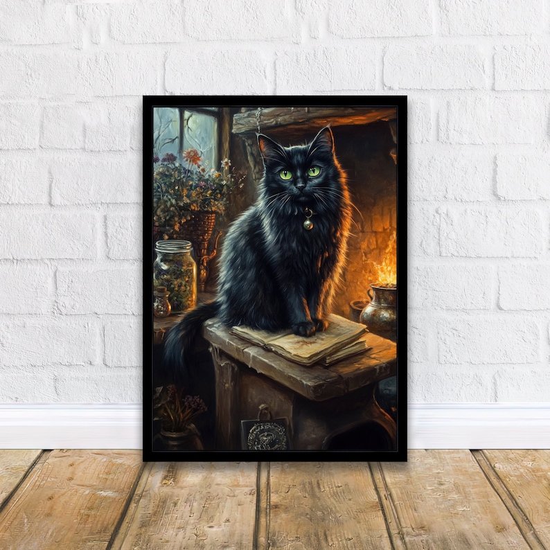 May include: Framed artwork featuring a black cat with green eyes, sitting atop old books. The cat wears a small bell collar. The background includes a fireplace, window, and jars of herbs, creating a cozy, vintage aesthetic.