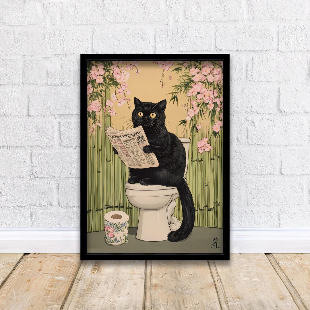 Japanese Cat Sitting on Toilet Art Print Whimsical Poster Ukiyo-e Style ...
