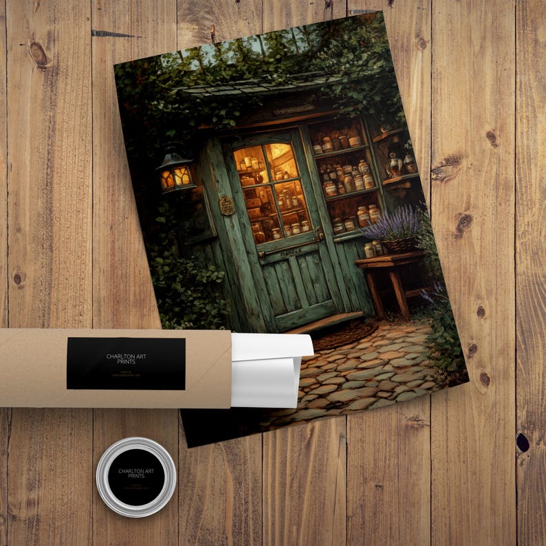 Op de afbeelding: Een winkel in vintage stijl met een groene deur en planken vol met potten in verschillende maten. De winkel wordt verlicht door een warm, uitnodigend licht. De deur heeft een bord met de tekst "Open".