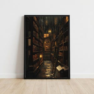 May include: A framed vertical wall art print depicting a dark, multi-storey library interior with tall wooden bookshelves filled with books, a wooden rolling ladder, a central staircase, warm glowing lanterns, and an open book resting on a stand.