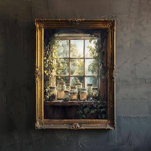 Erbe sul davanzale, poster, decorazioni in stile cottagecore, arte accademica scura, illustrazione antica, arte murale vintage a base di erbe, estetica rustica