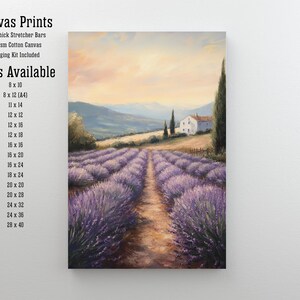May include: A canvas print of a lavender field with a small white house in the distance. The sky is a soft orange and pink, and the mountains are visible in the background. The print is available in a variety of sizes, from 8x10 inches to 28x40 inches.