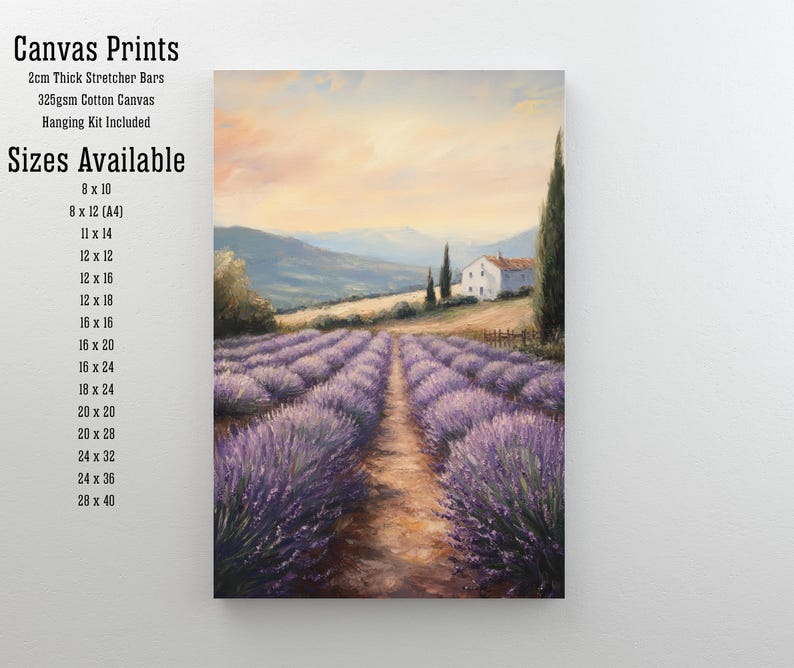 May include: A canvas print of a lavender field with a small white house in the distance. The sky is a soft orange and pink, and the mountains are visible in the background. The print is available in a variety of sizes, from 8x10 inches to 28x40 inches.