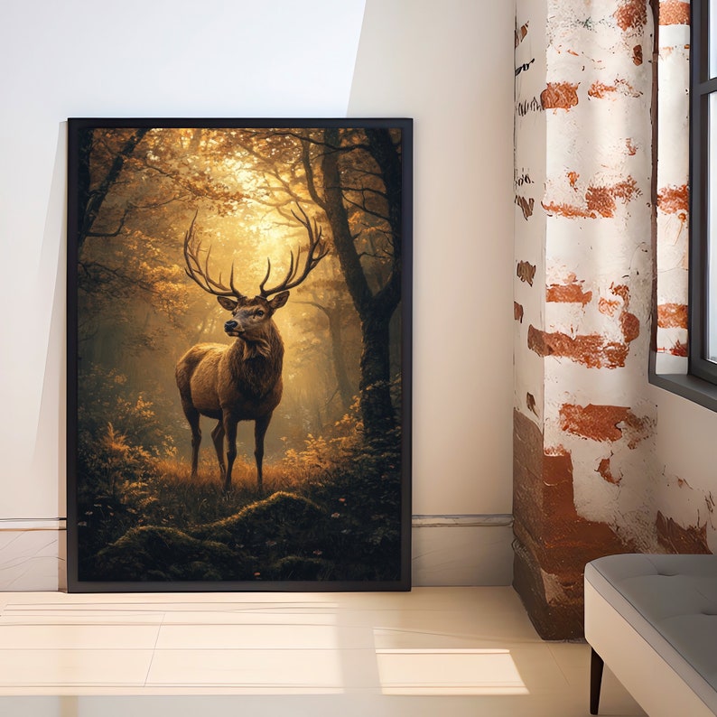 May include: A framed print of a large, brown deer standing in a forest with golden light filtering through the trees.