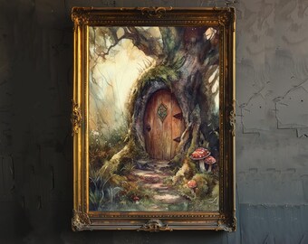 Può includere: Un dipinto ad acquerello incorniciato raffigura una porta delle fate stravagante incastonata in un tronco d'albero. La porta di legno è circondata da muschio e conduce a un sentiero. Sono visibili funghi rossi e bianchi. La cornice è dorata e ornata.