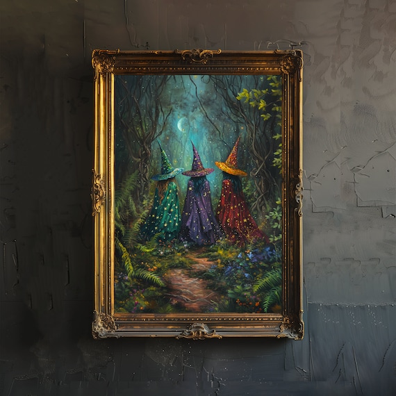 Colorful Witches Print Dark Academia Art Witchy Decor Gothic Home Decor Antique Illustration Enchanted Fantasy Poster Rustic Vintage