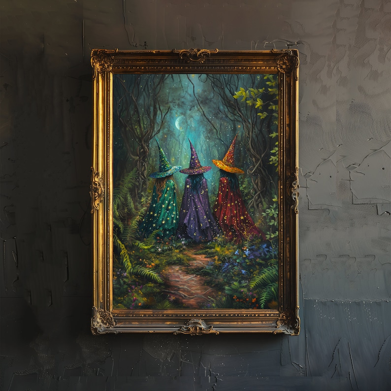 Peut inclure: Une peinture encadr&eacute;e repr&eacute;sentant trois sorci&egrave;res marchant dans une for&ecirc;t la nuit. Les sorci&egrave;res portent des chapeaux pointus et des robes flottantes. La for&ecirc;t est sombre et myst&eacute;rieuse, avec des &eacute;toiles qui scintillent dans le ciel.