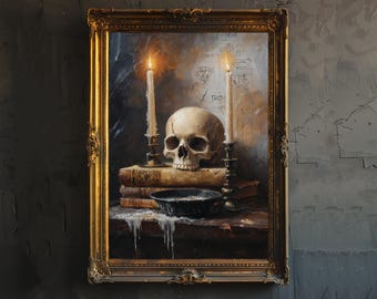 May include: A framed painting featuring a skull, candles, and books. The skull is centered, with lit candles on either side. The painting has a dark, gothic aesthetic, with a gold frame. The candles are tall and white, and the books are stacked.