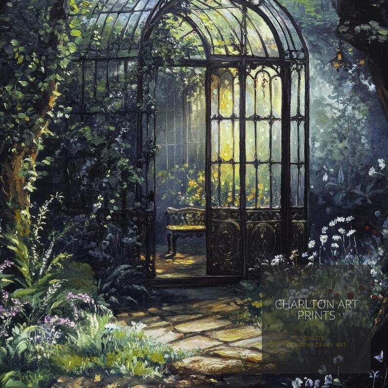May include: A painting of a wrought iron greenhouse with a bench inside. The greenhouse is surrounded by lush greenery and flowers. The painting has a vintage feel and is titled "CHARLTON ART PRINTS - DIGITAL CONTEMPORARY ART".