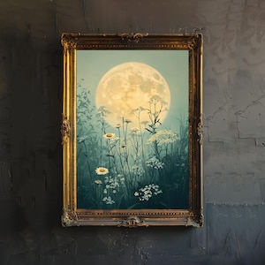 Póster celestial de prado iluminado por la luna, decoración cottagecore, arte de la academia oscura, ilustración de paisaje encantado, arte de pared con escena nocturna vintage, rústico