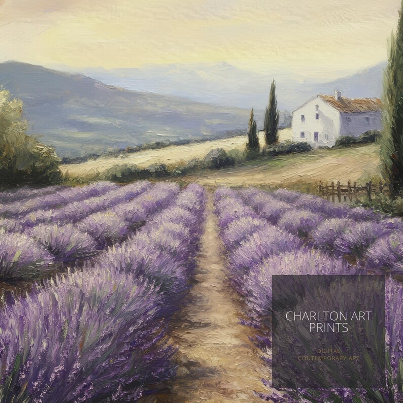 May include: A painting of a lavender field with a white farmhouse in the distance. The field is in rows with a dirt path leading to the farmhouse. The sky is a light blue with white clouds. The painting is titled "CHARLTON ART PRINTS" and "ORIGINAL CONTEMPORARY ART".