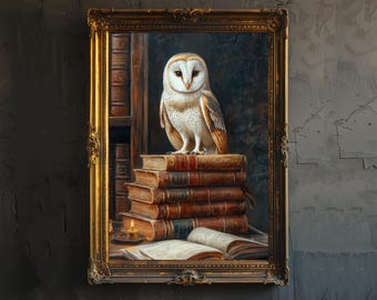Owl Perched on Books Poster Dark Academia Art Cottagecore Decor Vintage Still Life Illustration Rustic Study Wall Art Poster Print
