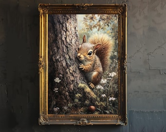 May include: A framed painting of a squirrel in a forest setting. The squirrel is brown and white with a bushy tail. It is perched on a tree trunk and looking to the left. The background is a lush green forest with flowers.